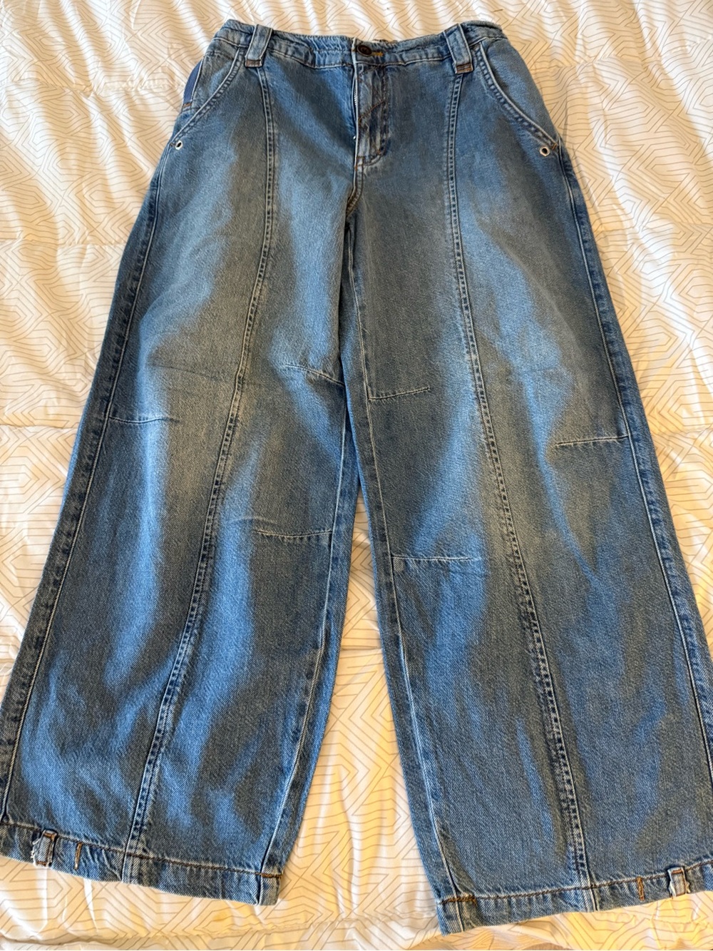 Pilcro Wide-Leg Flare Jeans in Medium Blue Denim